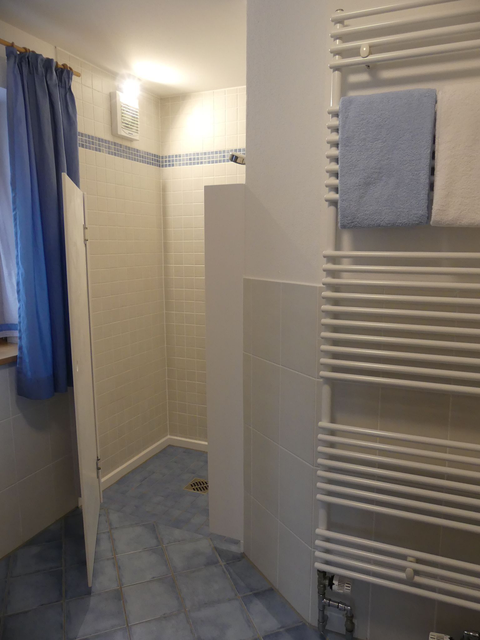 Une salle de bain avec une douche, un porte-serviettes avec deux serviettes et un radiateur.