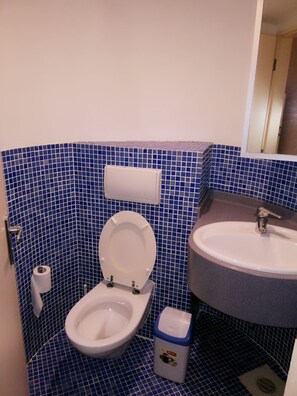 Ein Badezimmer mit Toilette, Waschbecken und blauen Fliesenwänden.
