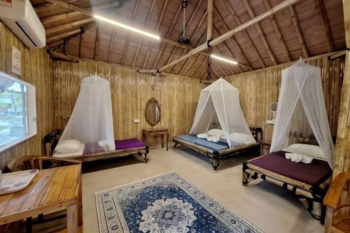 A room with four beds, each with a canopy, a wooden ceiling, and a large rug.
