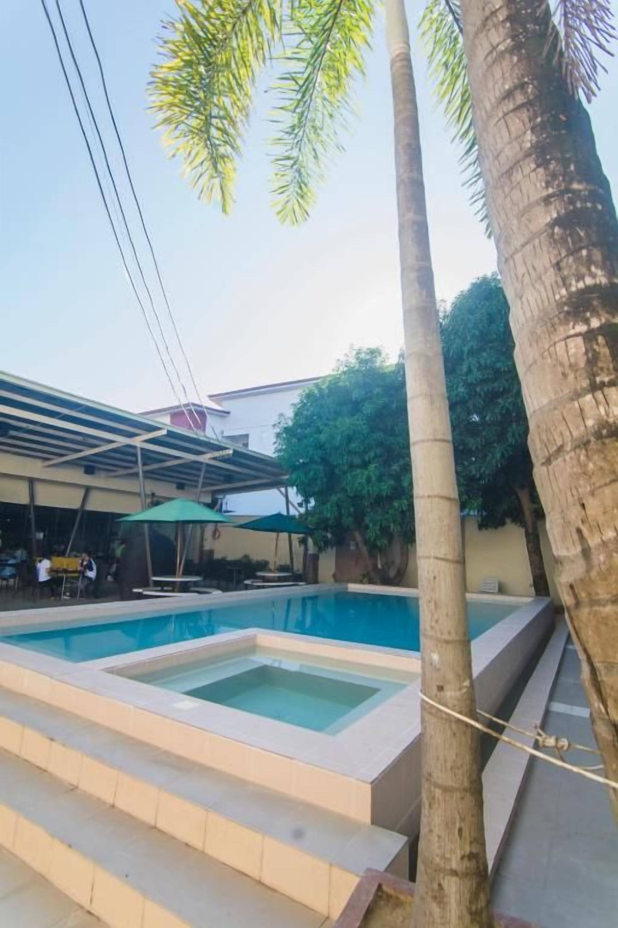 Piscina con escalones de acceso, rodeada de palmeras y una zona cubierta con mesas y sillas.