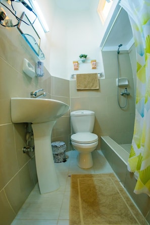 A compact bathroom with a sink, toilet, and shower. - Casa Colonial Tere (Havana)