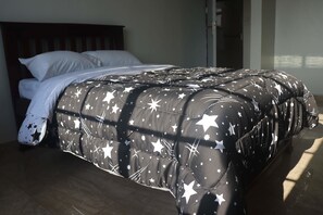 Blackout drapes, bed sheets