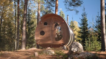 A large metallic structure in a forest setting.