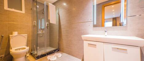 A modern bathroom with a glass-enclosed shower, a toilet, and a vanity with a mirror.