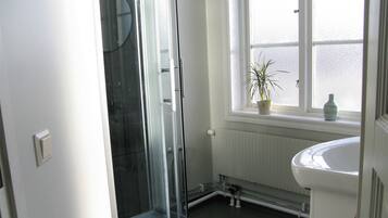 A bathroom with a glass shower enclosure, a white sink, a radiator, and a window with a plant.