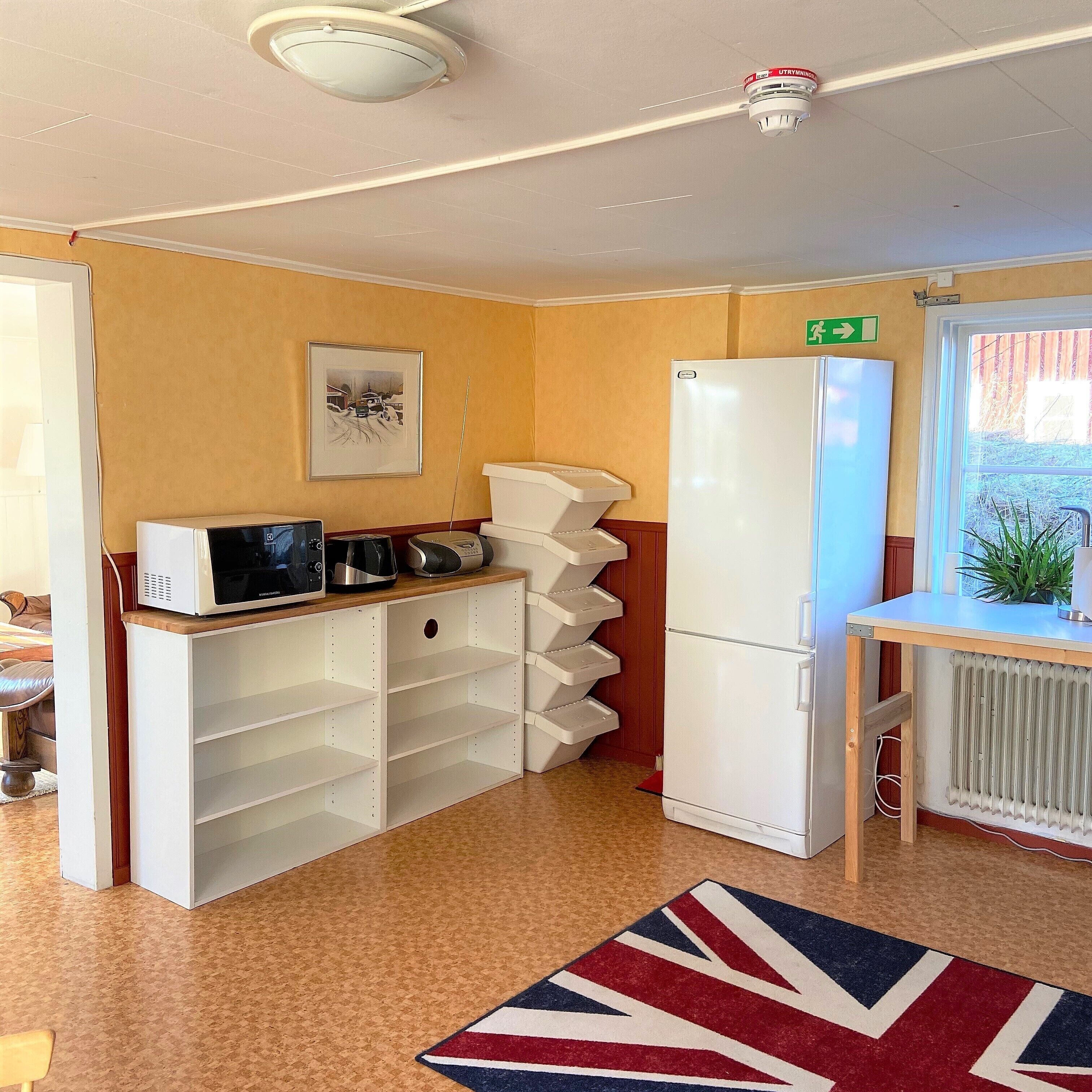 A compact kitchen with a microwave, kettle, and a refrigerator. There is a framed picture on the wall and a radiator near the window.