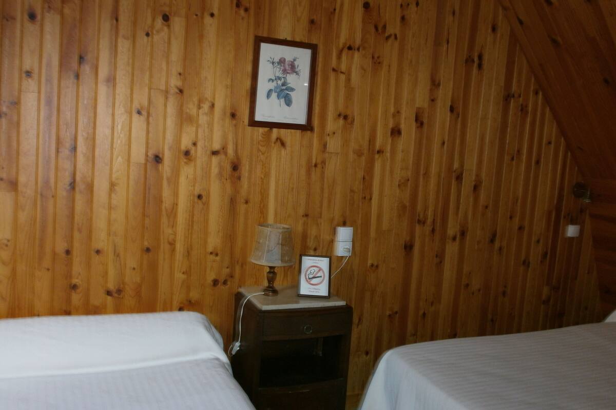 Quarto com paredes de madeira, duas camas, mesa de cabeceira com abajur e um quadro na parede.