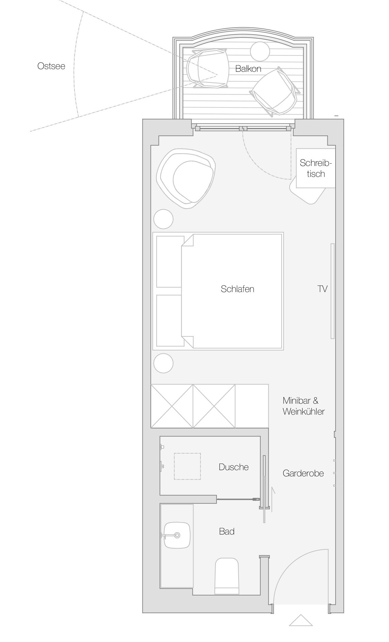 A floor plan of a hotel with a balcony, ensuite bathroom, TV, minibar, garden room, and ensuite bathroom.