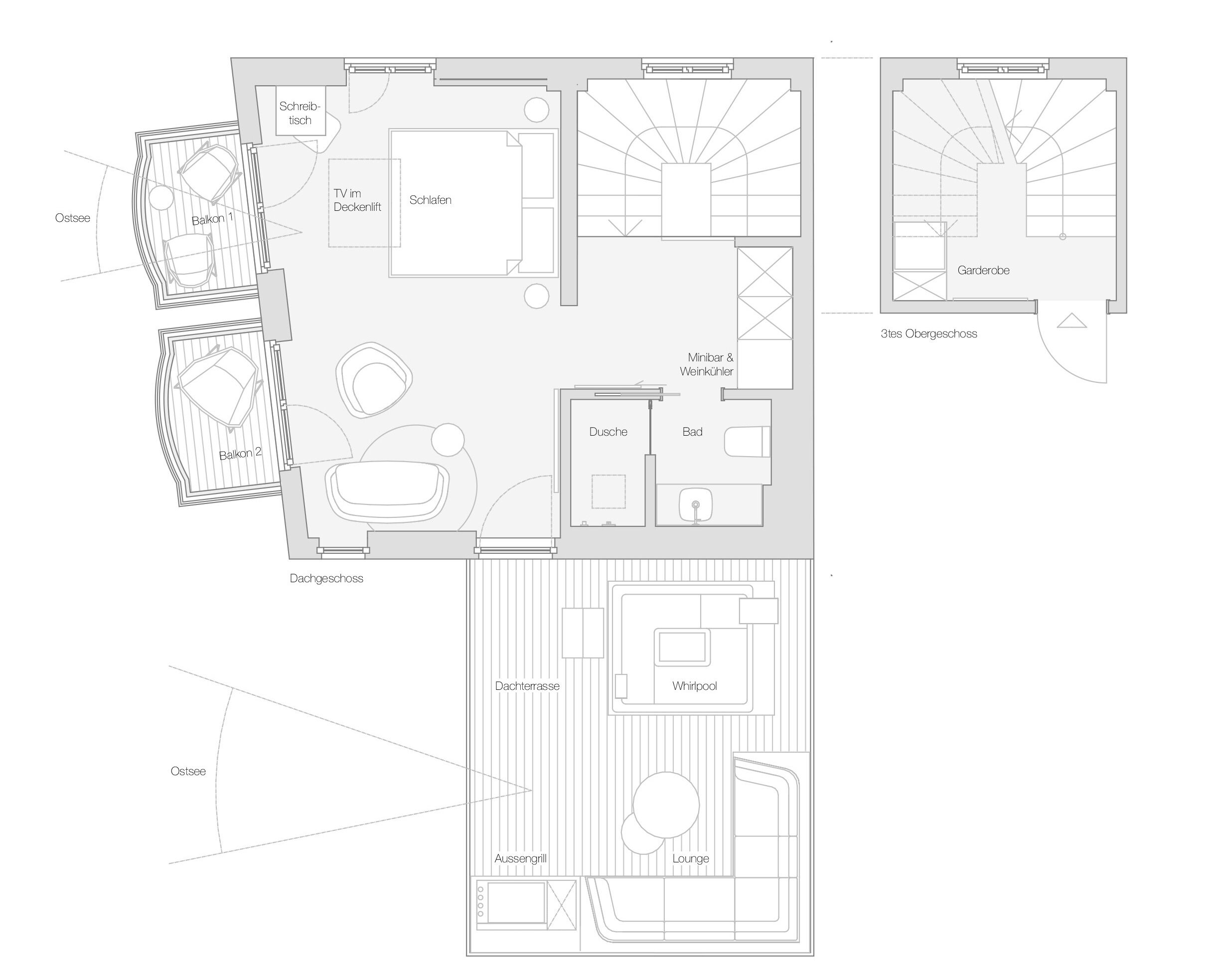 Ein Hotelgrundriss mit mehreren Balkonen, einer Lounge, einer Datsche, einem Whirlpool und einem Gartenbereich.