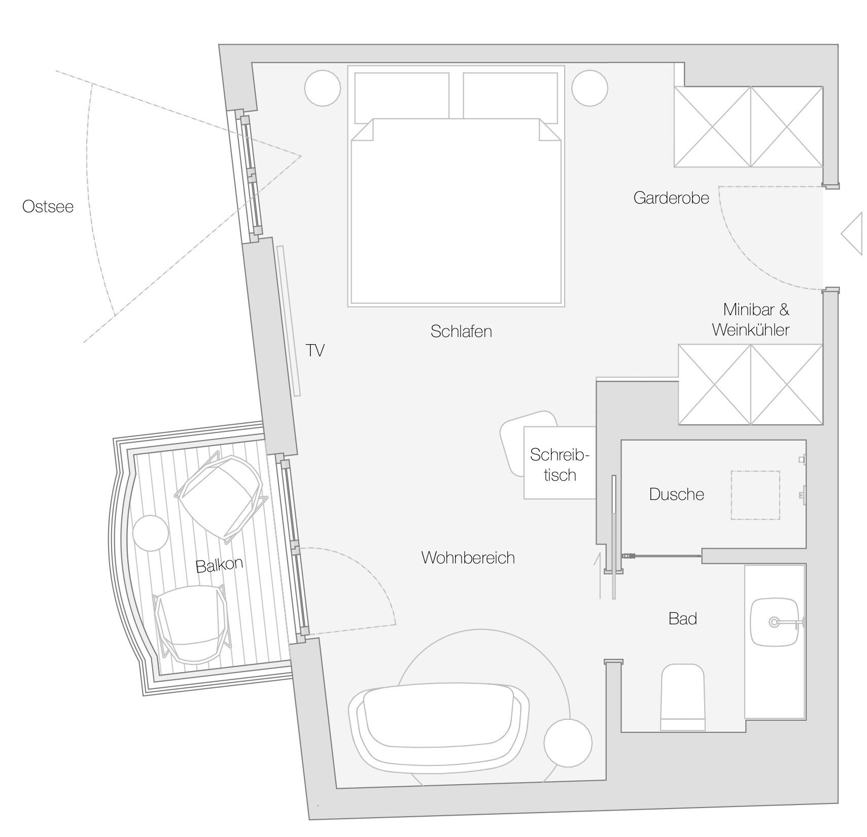 Plano de planta de un hotel con balcón, TV, jardín y diferentes habitaciones, incluyendo sala de estar, dormitorio y baño.