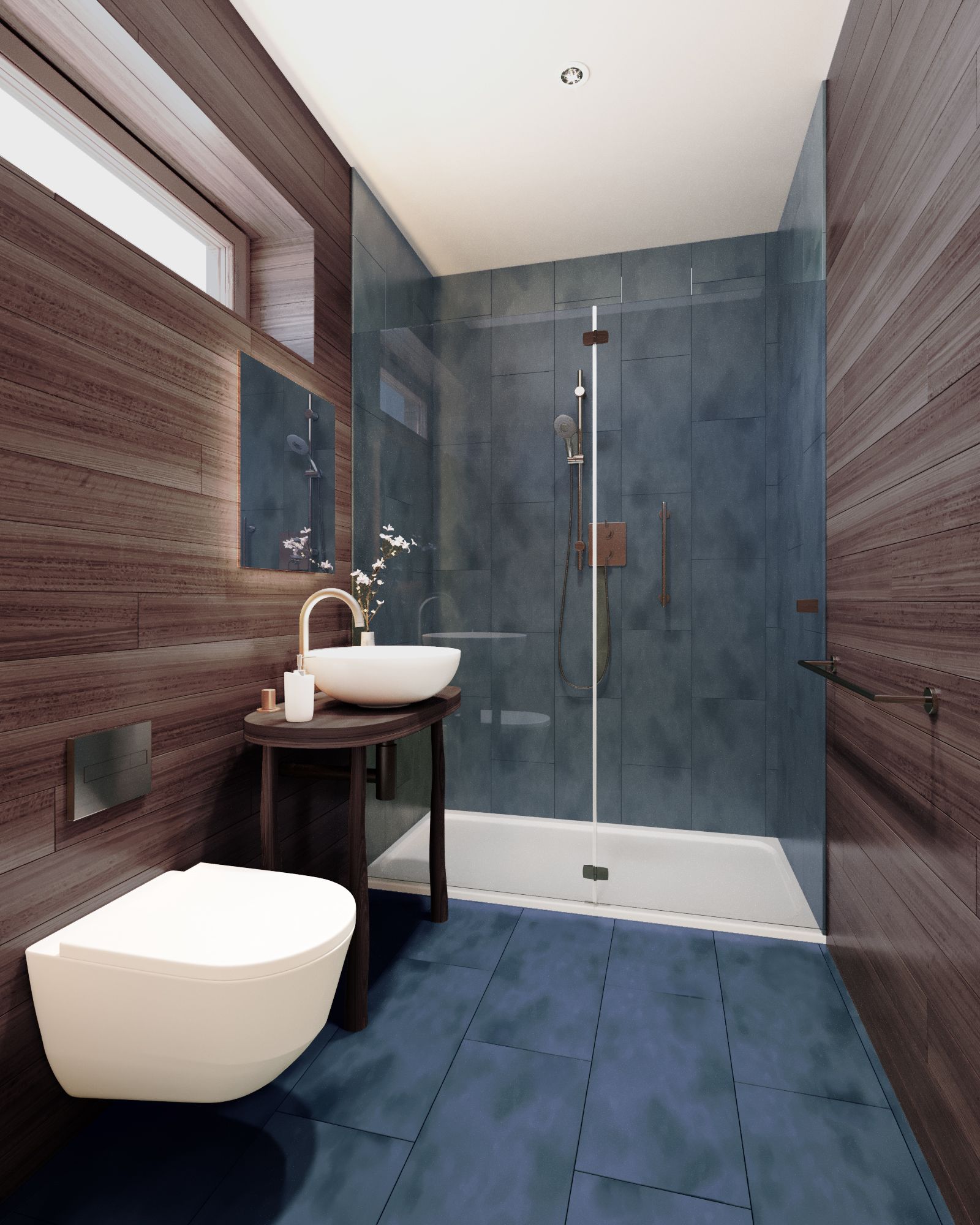 Une salle de bain moderne avec une baignoire sur pieds, une douche à parois de verre et un meuble-lavabo en bois.
