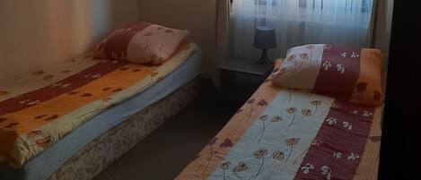 Une chambre avec deux lits simples, chacun agrémenté de draps à motifs floraux. Une fenêtre, ornée de rideaux légers, offre une vue sur les bâtiments environnants.