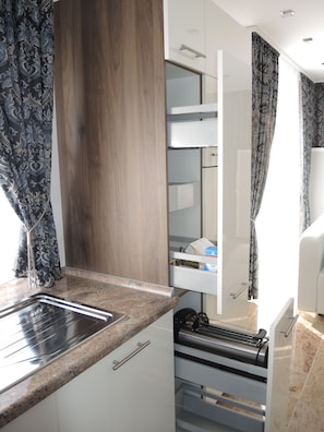 Departamento, 1 cama King size y sofá cama, para no fumadores (Apartment 2) | Cocina privada | Microondas, parrilla de estufa, lavavajillas y tetera eléctrica