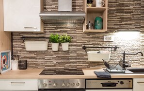 Design Apartment, Multiple Beds, Non Smoking | Private kitchen | Full-size fridge, microwave, oven, stovetop