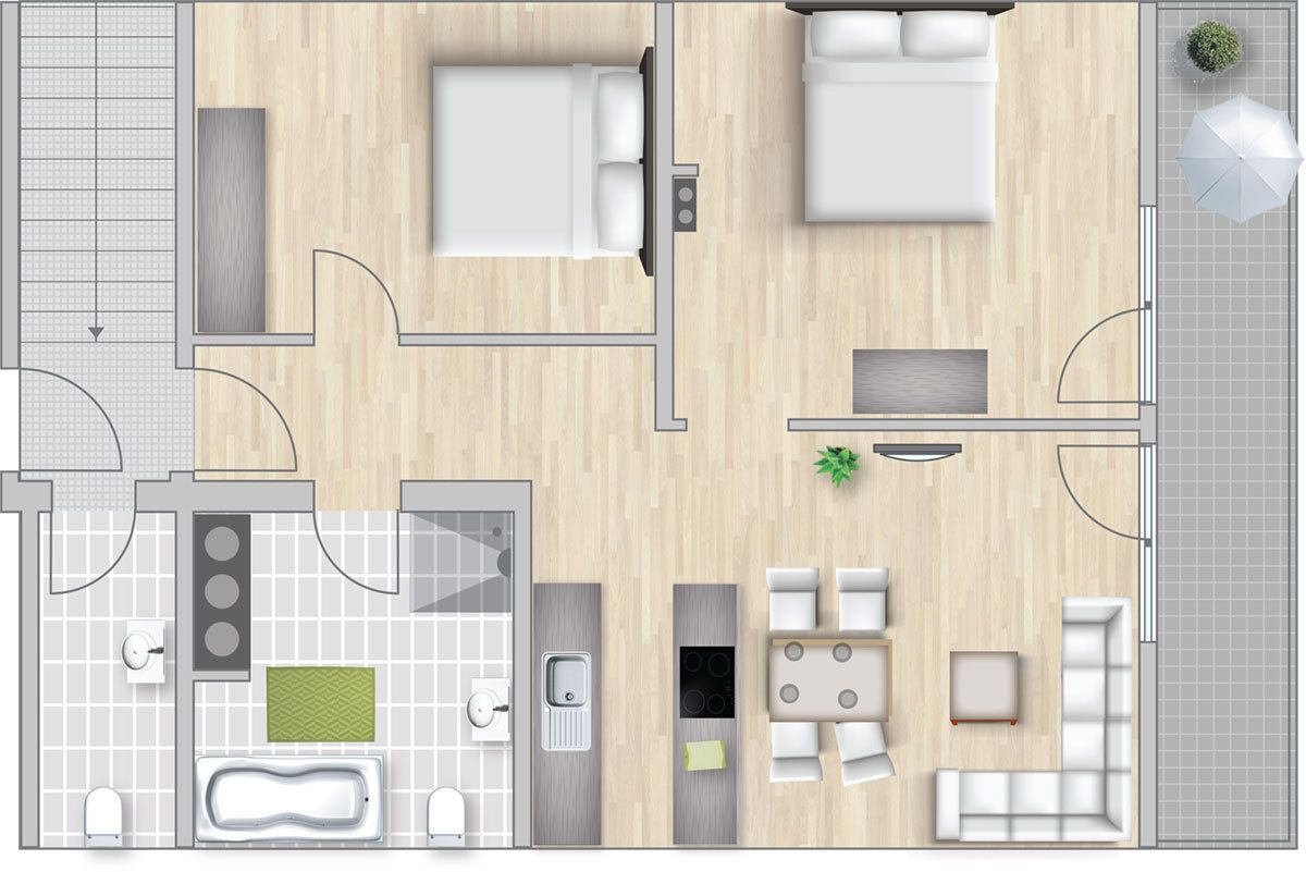 A hotel room layout with a bed, seating area, kitchenette, and bathroom.