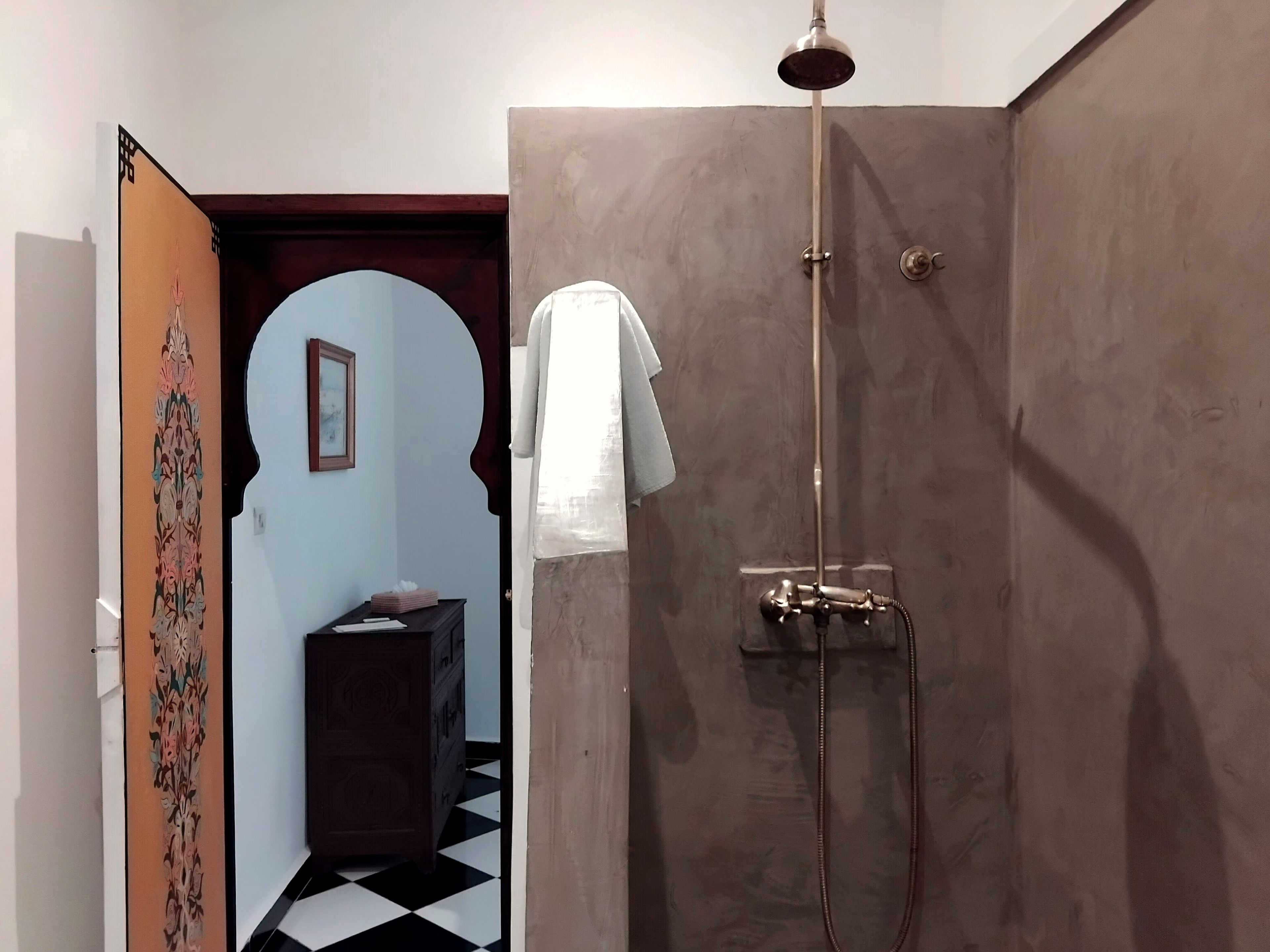 A bathroom with a shower, a towel hanging on the wall, and a patterned door.
