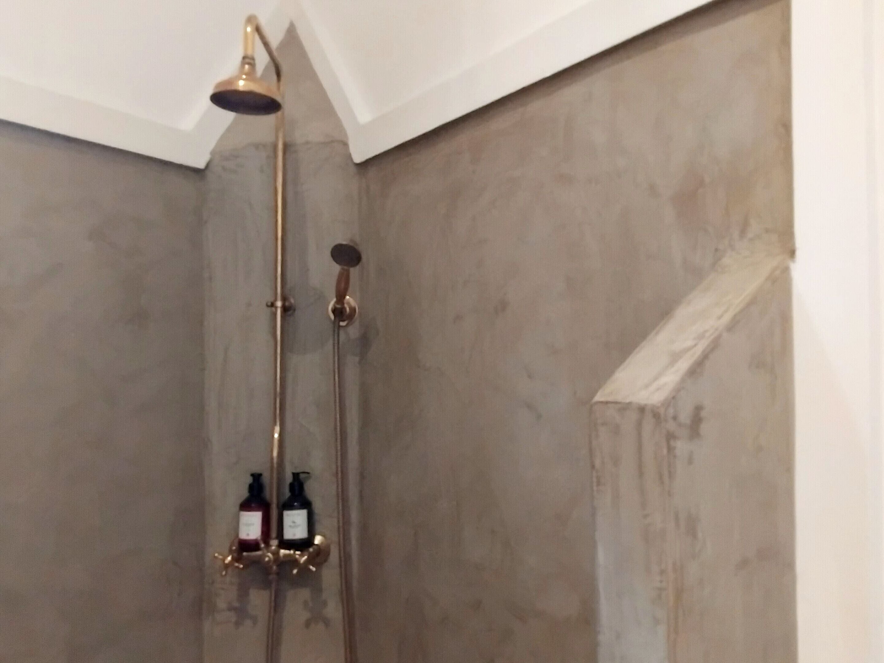 Ein Duschbereich mit Handbrause und am Wand montiertem Wasserhahn. Auf einer kleinen Ablage stehen zwei Flaschen Shampoo und Conditioner.