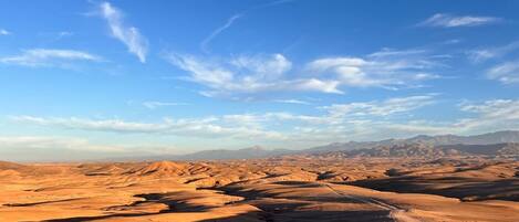 A vast desert landscape with undulating sand dunes under a clear sky.