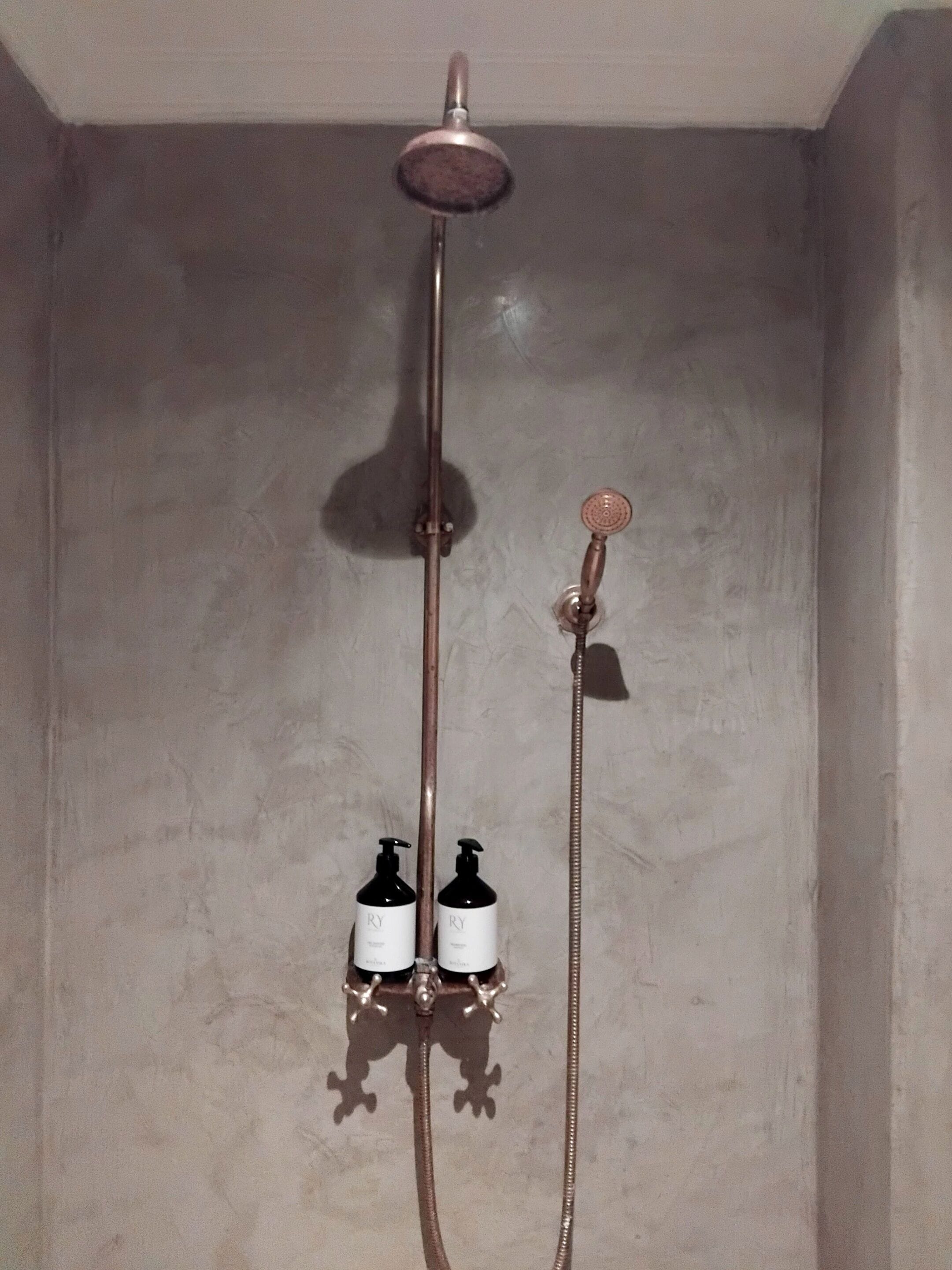 Une douche équipée d’un pommeau de douche à main et d’un robinet mural. Deux bouteilles de shampoing et d’après-shampoing sont fixées au mur.