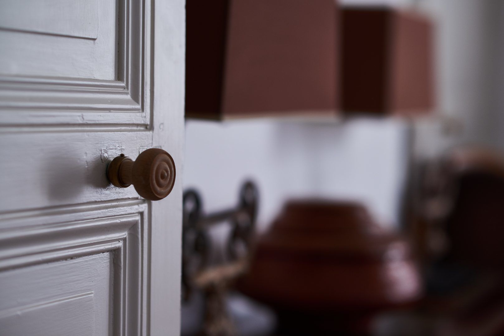 A white door with a wooden knob and a brass handle.