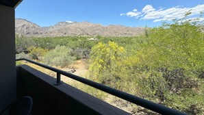 Un balcón con vistas a un paisaje montañoso y vegetación escasa.