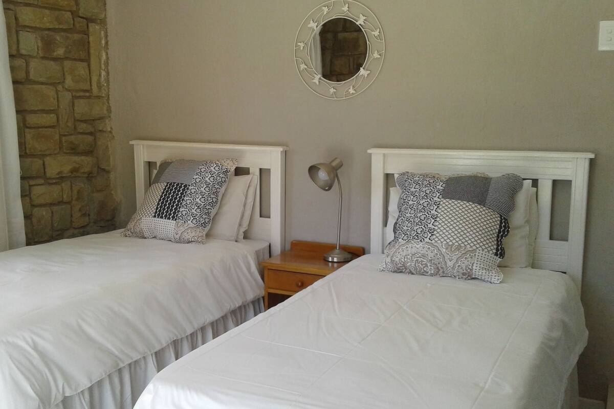 Une chambre avec deux lits simples, un mur en pierre, un miroir et une table de chevet avec une lampe.