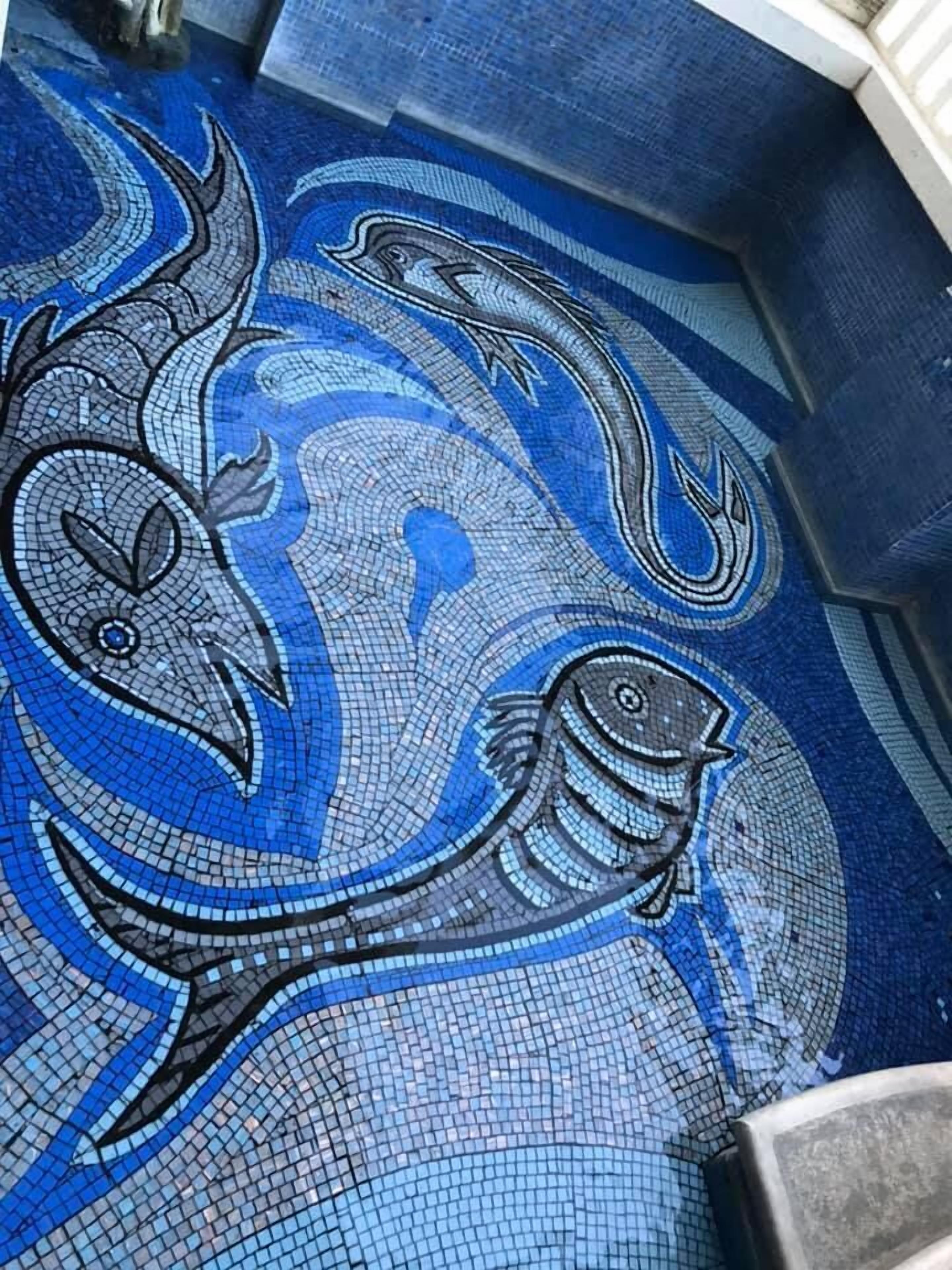 Piso em mosaico com um desenho de peixe.