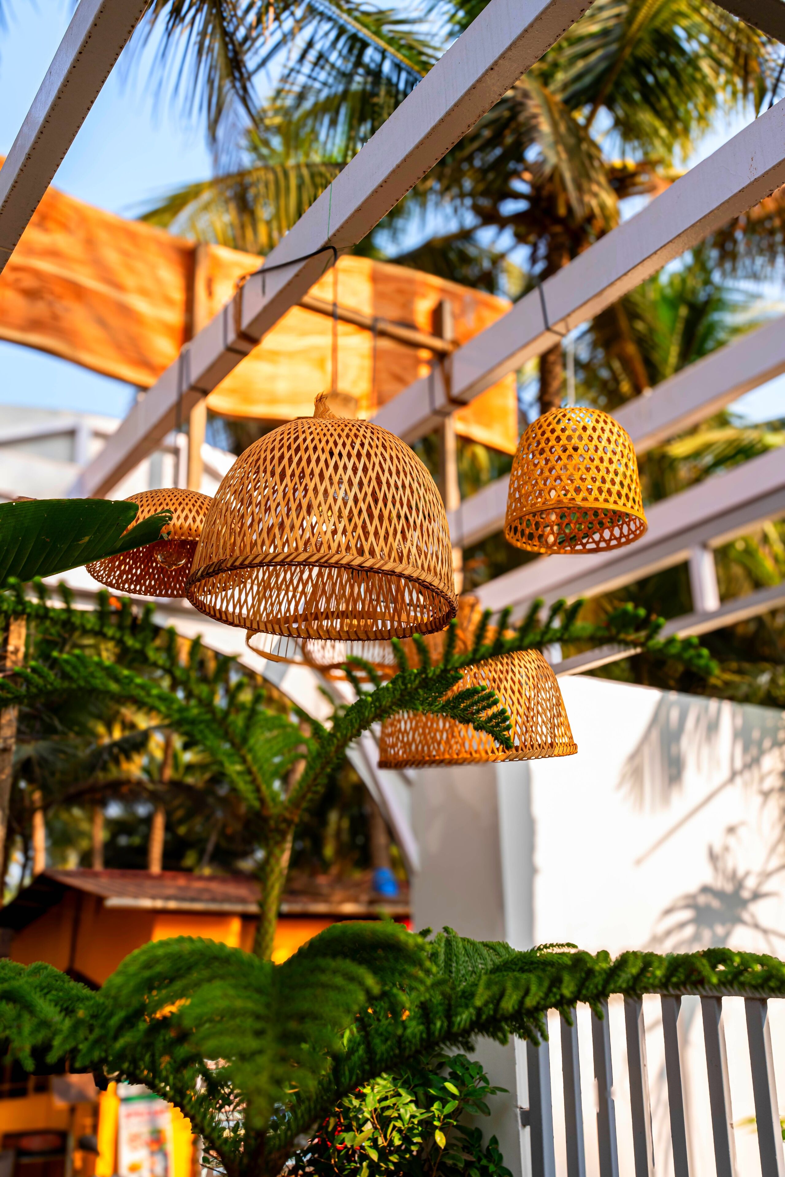 Un espacio al aire libre tropical con lámparas de mimbre colgantes, abundante follaje y una cerca blanca.