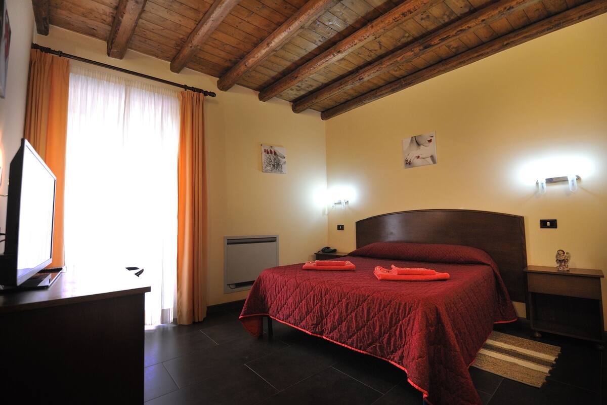 Een kamer met een bed, een televisie, een kachel en een nachtkastje.