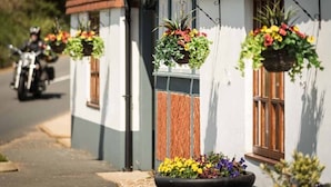 A row of white buildings with red-tiled roofs and hanging flower baskets. - The Chequers Inn (Ventnor)