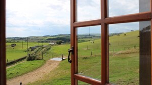 A view through a window of a rural landscape with green fields, a dirt path, and a few buildings in the distance. - The Chequers Inn (Ventnor)