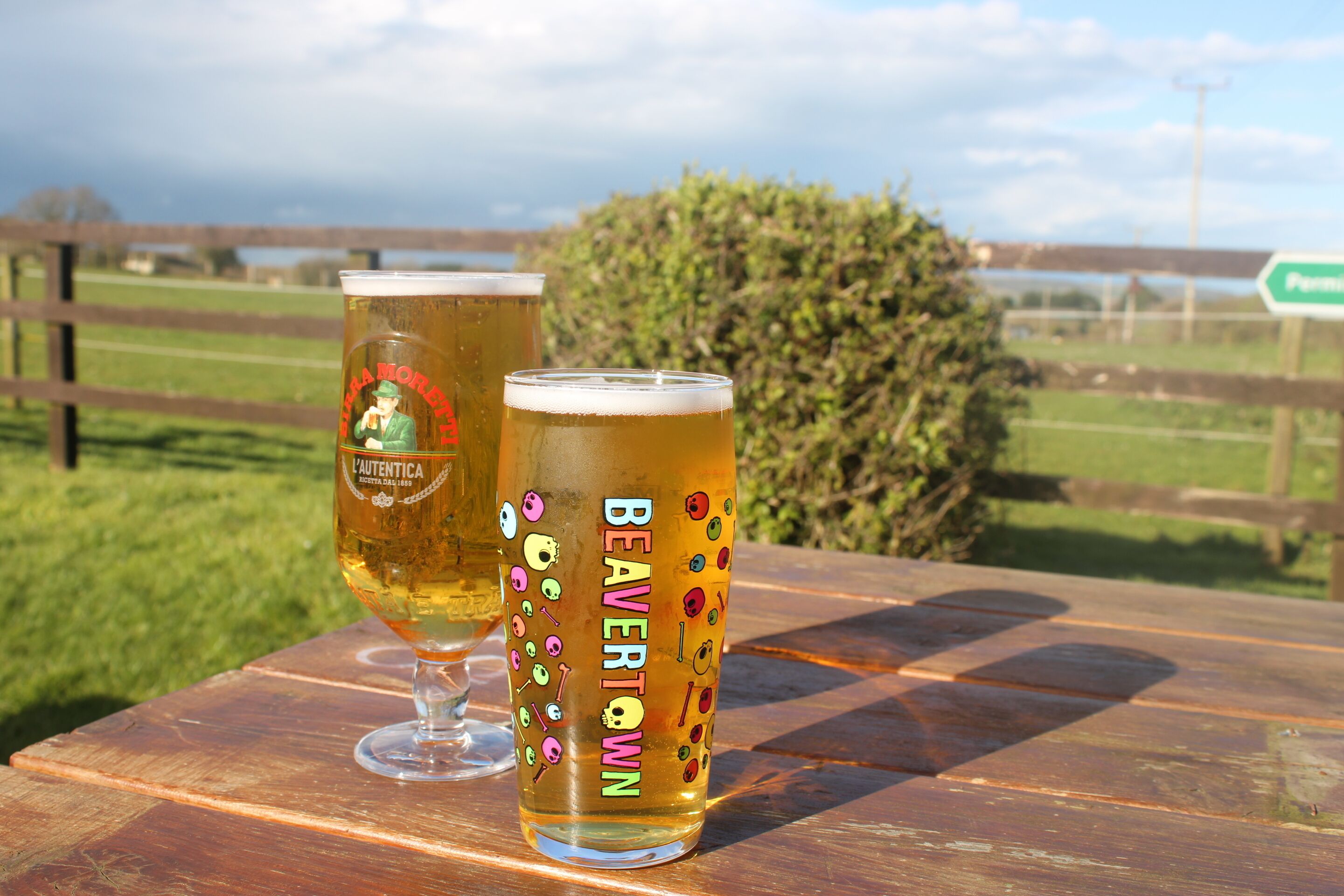 Two beer glasses on a wooden table with a view of a grassy field and a wooden fence in the background.