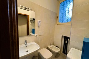 Combined shower/tub, hair dryer, bidet, towels