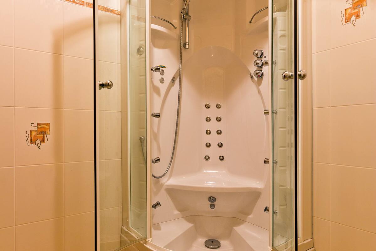 shower, free toiletries, hair dryer, towels