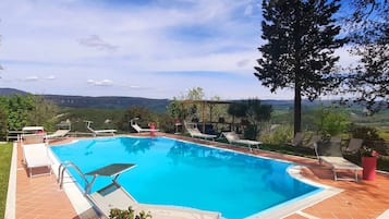 Piscina stagionale all'aperto, ombrelloni da piscina, lettini