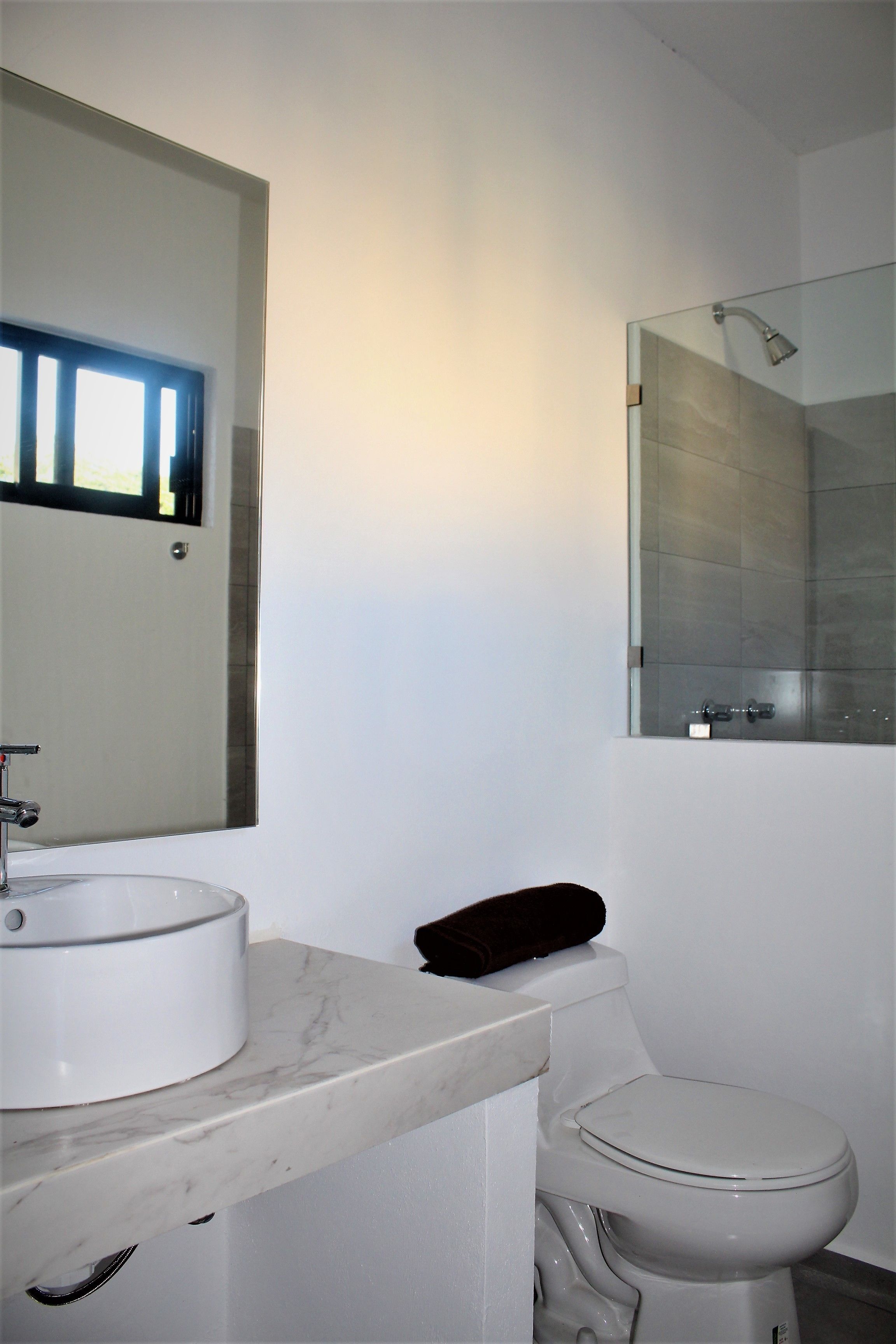 A modern bathroom with a marble sink, a toilet, and a glass-enclosed shower.