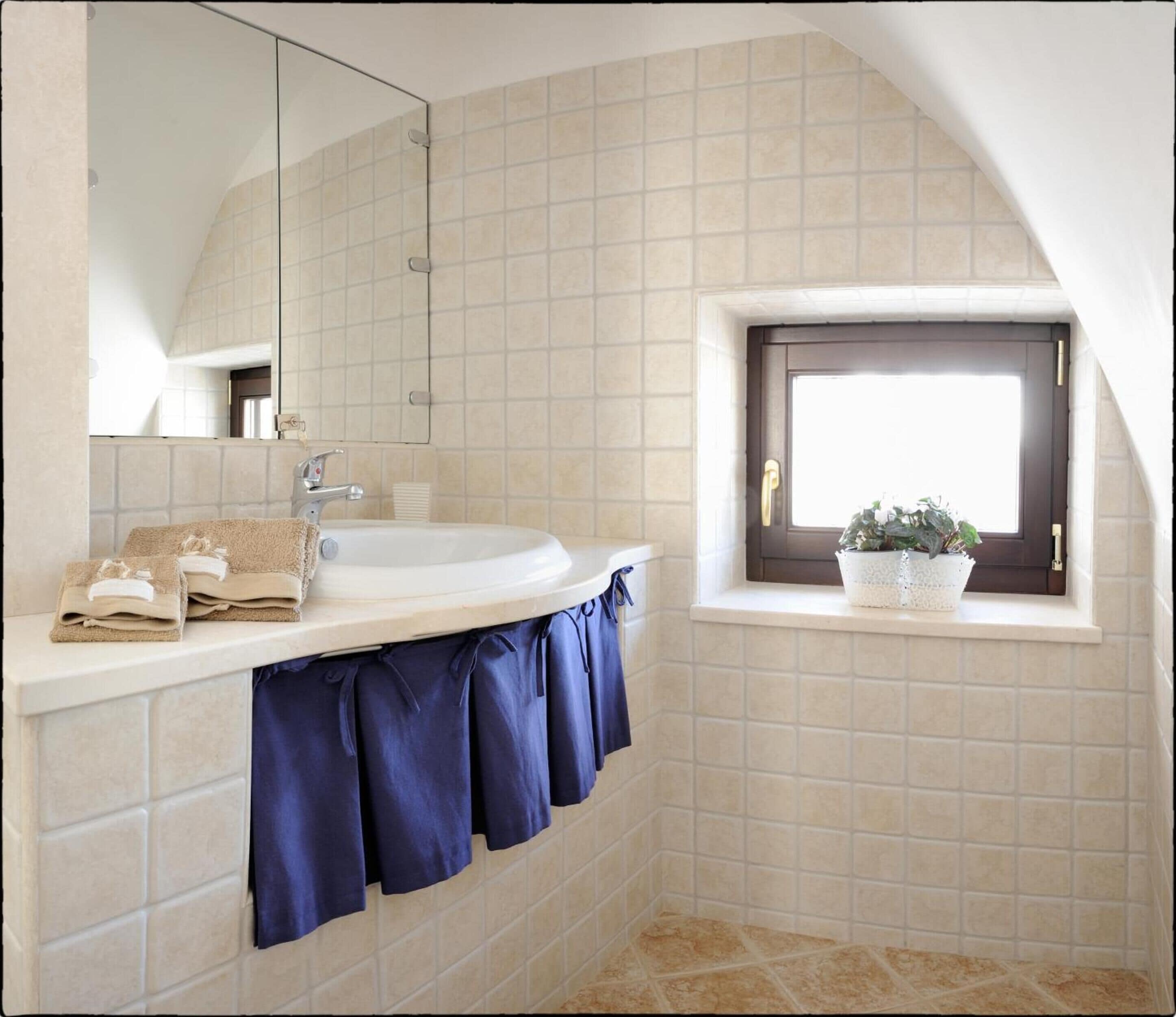 A bathroom with a white sink, a mirror, and a window with a potted plant.
