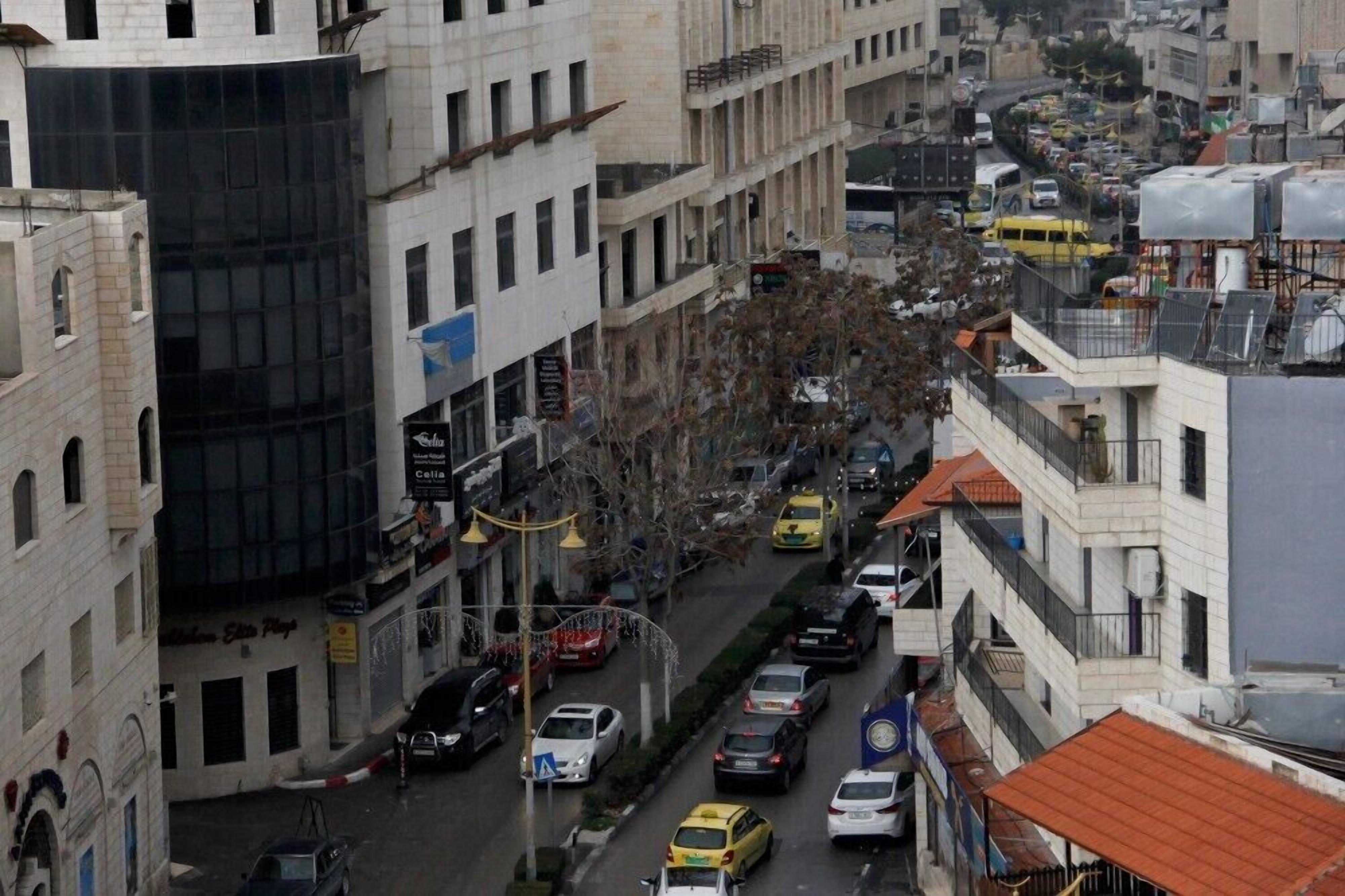 Vista de la calle con edificios, coches y un paso de peatones.