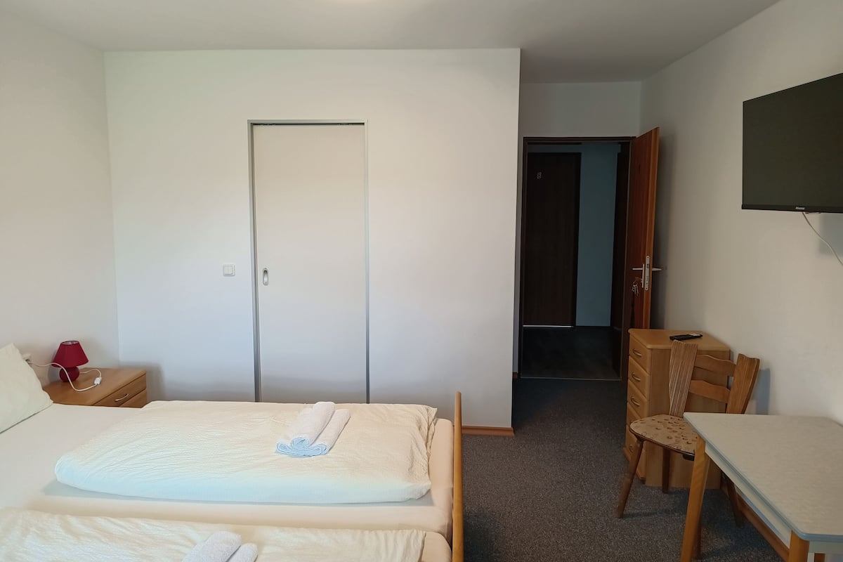 A hotel room with a bed, a desk, a chair, a television, and a door.