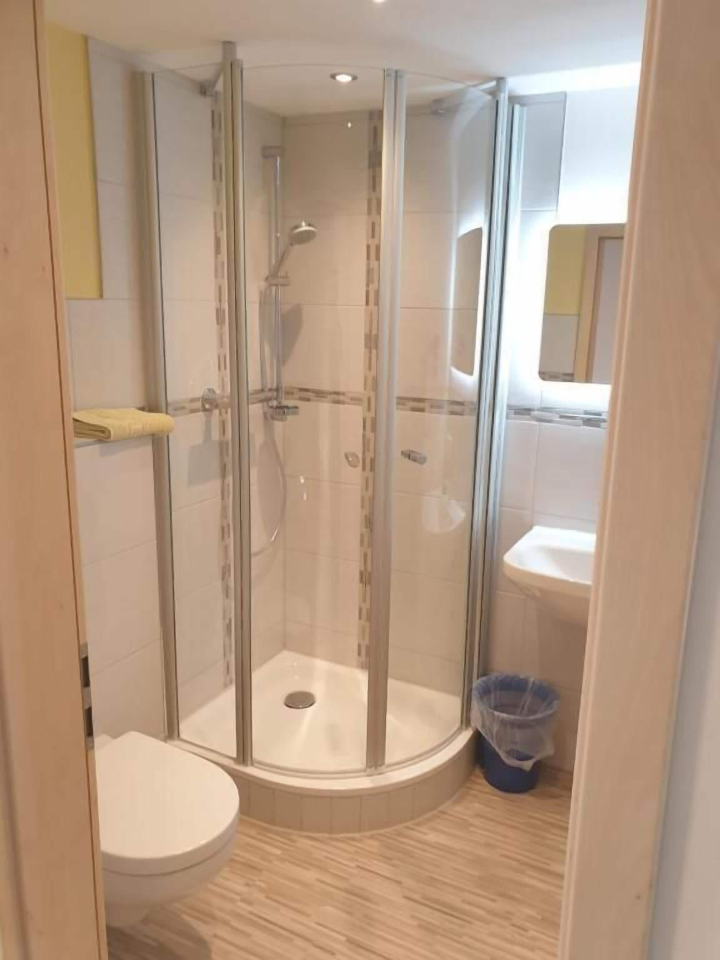 Standard-Dreibettzimmer | Badezimmer | Dusche, Handtücher