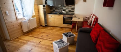 A compact living space with a kitchenette, wooden flooring, a sofa with red cushions, and two storage boxes with animal faces.