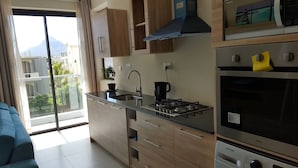 Una cucina moderna con piano cottura a gas, forno integrato e forno a microonde. Si vede una finestra con vista su edifici e vegetazione.