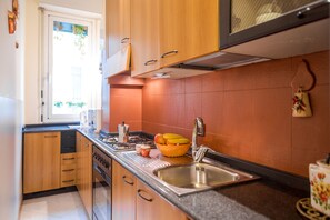 Appartement, 1 slaapkamer | Privékeuken | Een koelkast/vriezer, een magnetron, een kookplaat