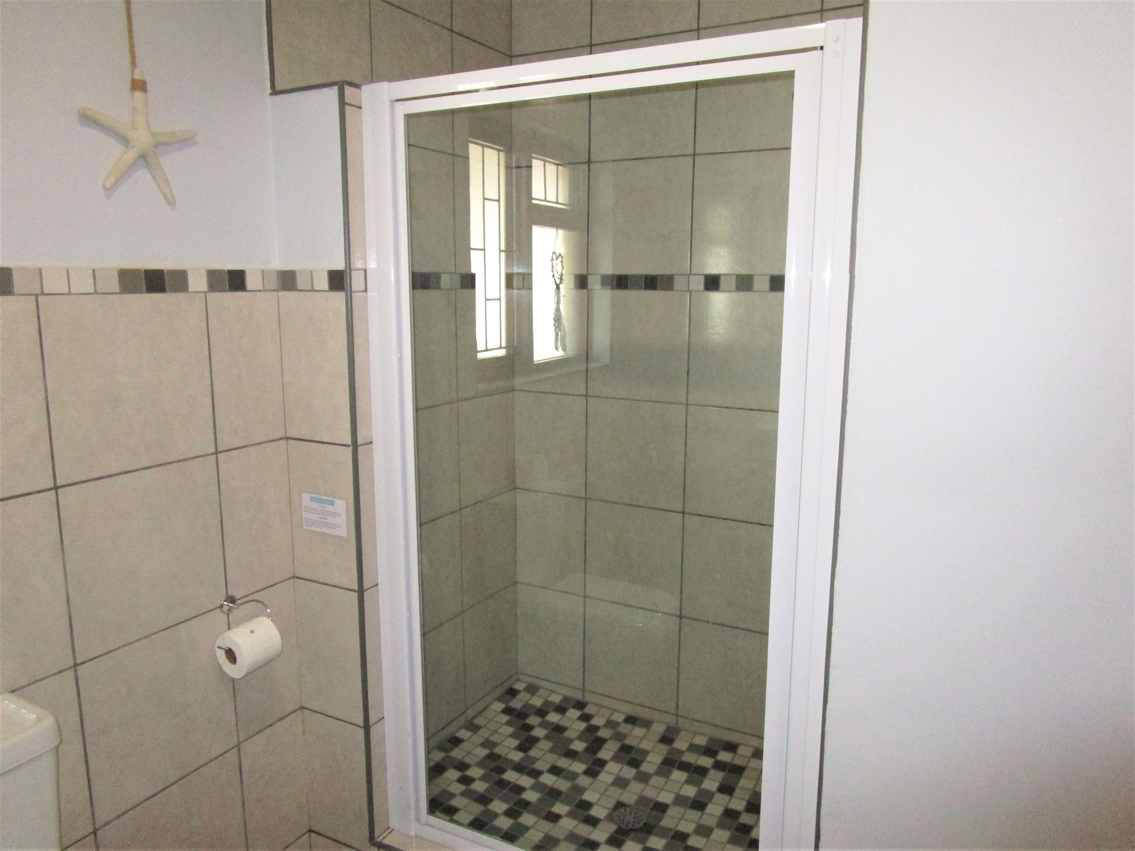 Un petit espace douche fermé, avec des murs et un sol carrelés, un porte-rouleau de papier toilette et une décoration en forme d’étoile de mer.