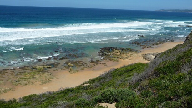 A coastal landscape with a sandy beach, rocky outcrops, and green vegetation. - Inn2Wilderness Guesthouse (Wilderness)