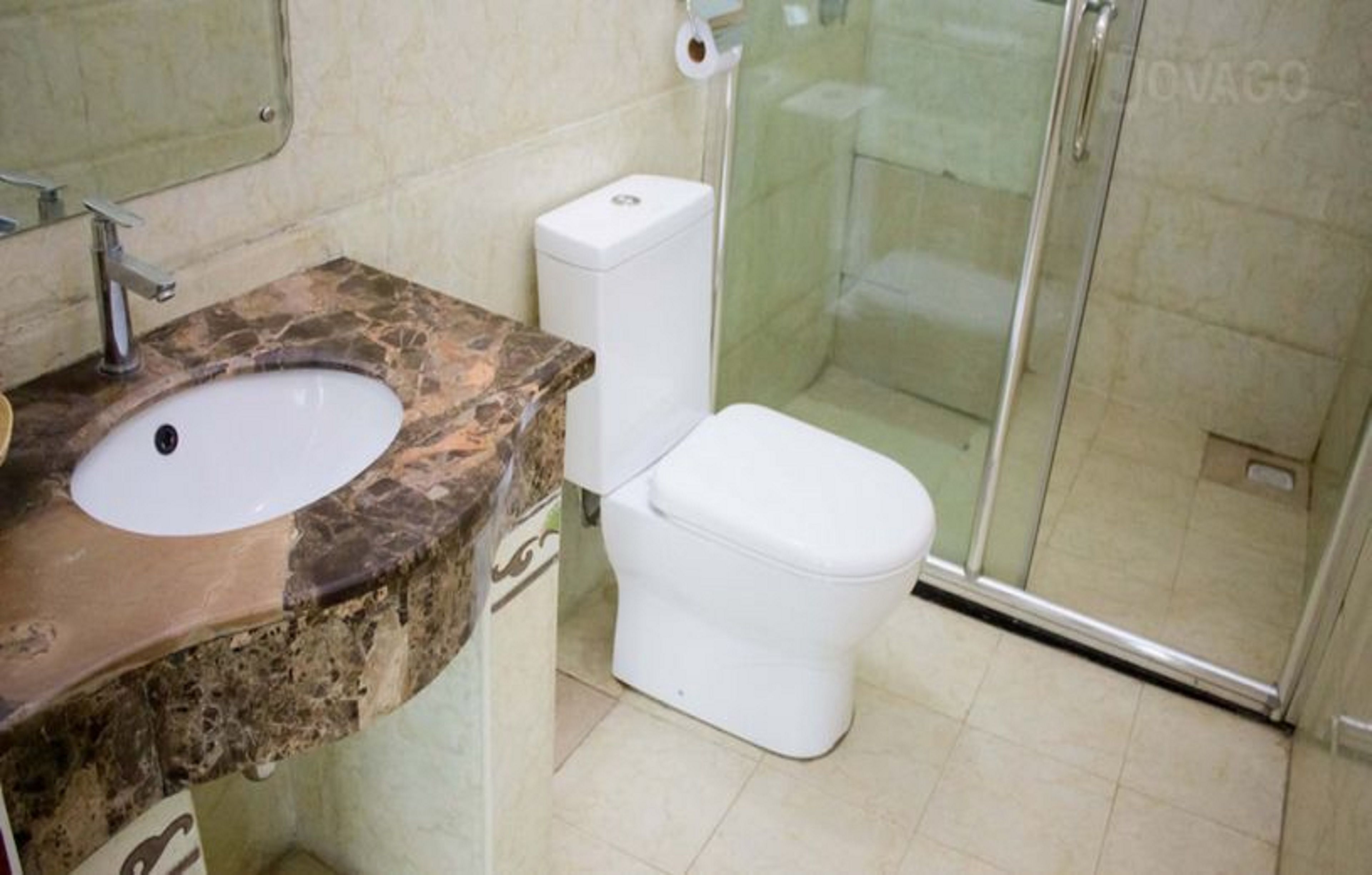A bathroom with a marble sink, white toilet, and a glass shower enclosure.