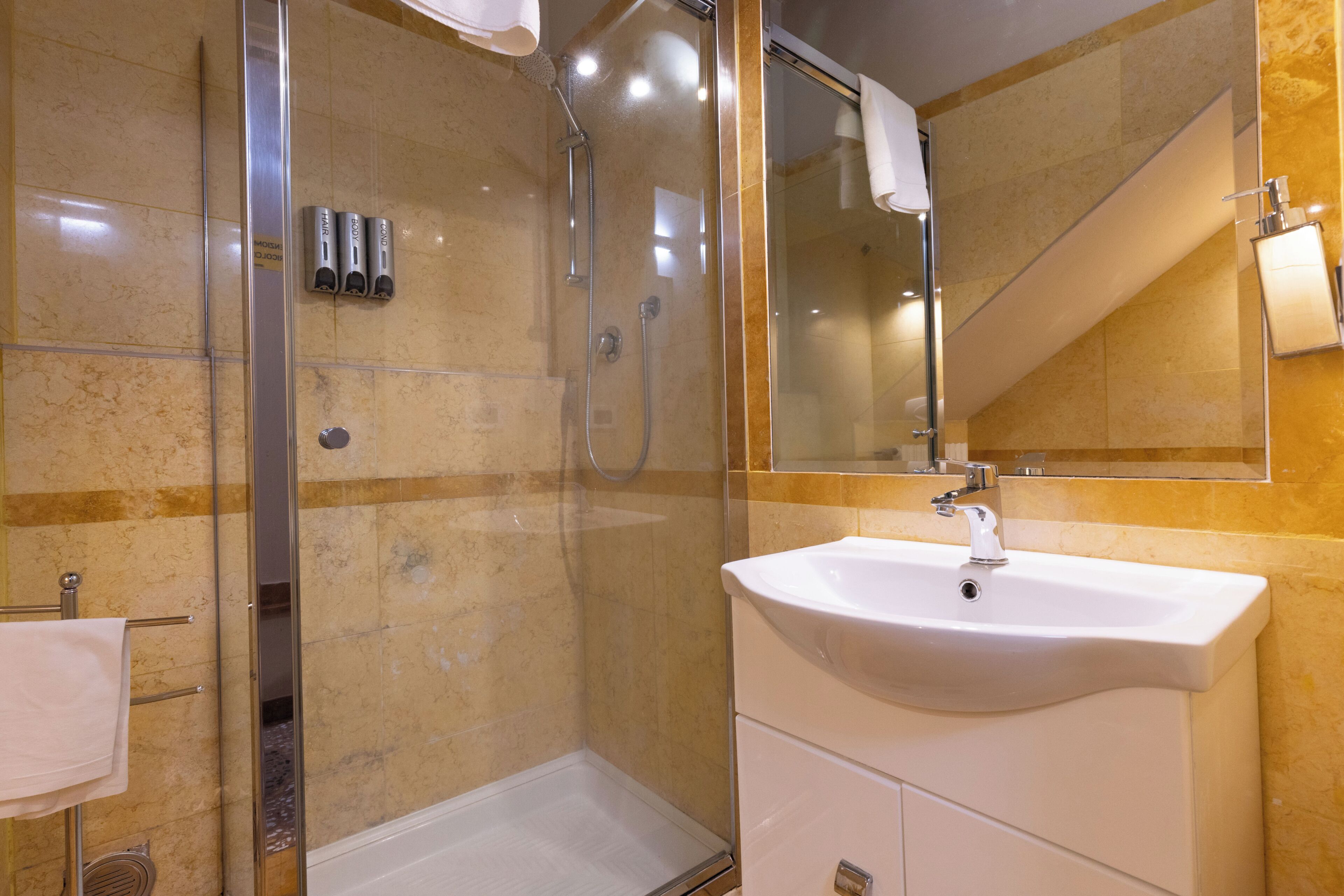 Une salle de bain avec une douche à parois de verre, un lavabo blanc et un miroir.