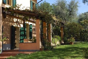 Un edificio con acceso a jardín, una pérgola cubierta de plantas trepadoras y un sendero que conduce a la entrada.