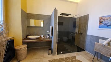 Habitación Deluxe con 1 cama doble o 2 individuales | Baño | Ducha, artículos de higiene personal gratuitos y secador de pelo