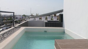 Une piscine sur le toit, dotée d’une terrasse en bois, entourée de plantes en pot et offrant une vue sur le paysage urbain.